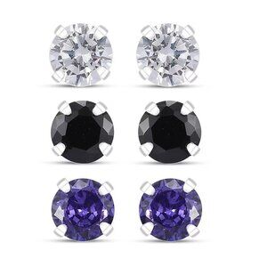 Set of 3 CZ Black, White and Tanzanite Color Diamond Earrings in Sterling Silver
